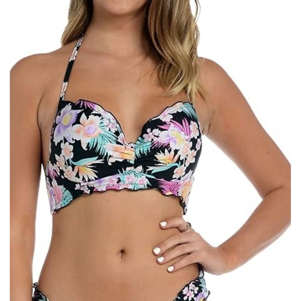 NWT Hobie Island Hopping Floral Underwire Halter Bikini Top Black HS2YG88 M